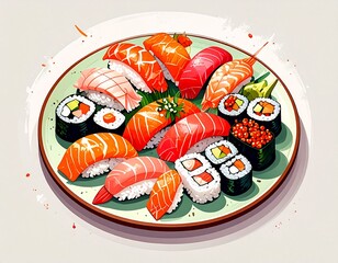 Colorful sushi platter with salmon nigiri and assorted rolls on a round plate