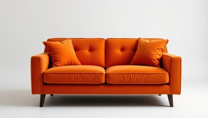 Fototapeta premium Modern orange couch in minimalist living room furniture design bright and cozy environment stylish viewpoint