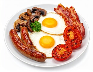Hearty breakfast plate with fried eggs, bacon, sausage, mushrooms, and grilled tomato
