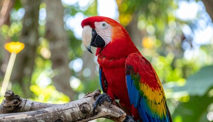 A vibrant macaw perched on a branch, showcasing its vivid colors and striking features
