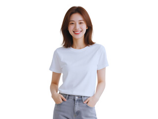 Obraz premium Portrait of a Smiling Young Asian Woman in a White T shirt and Gray Jeans