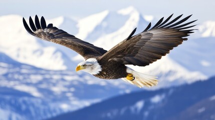Naklejka premium Majestic eagle soaring above snow-capped peaks