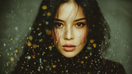 Serene gaze: A close-up portrait of a woman with a serene and enigmatic expression, hair softly cascading, illuminated with artistic light.