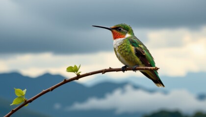 Fototapeta premium Hummingbird perched on branch mountainous landscape nature photography serene environment close-up view wildlife concept