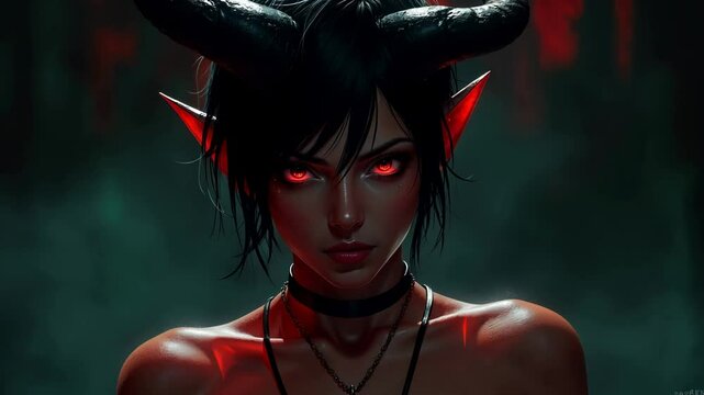 Demonic woman with glowing red eyes and horns in dark fantasy setting. Spooky halloween costume idea. Devilish character for horror game or movie.