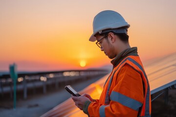 Obraz premium Asian male engineer examines solar panels at sunset.