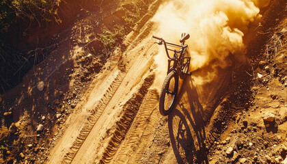 Bike rider sprays dust in the air during an off road course run at golden hour