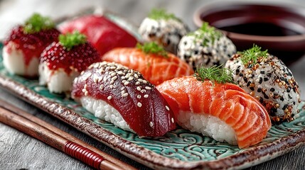 Authentic sushi platter with chopsticks japanese cuisine food photography natural setting close-up view