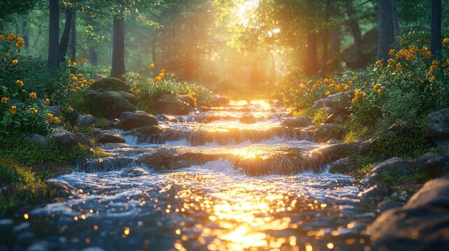 Sunlight streams through a tranquil forest stream