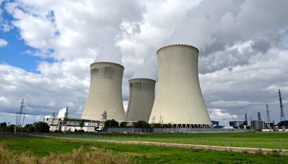 Fototapeta premium Tall cooling towers emit steam against a cloudy sky, nestled behind a green field