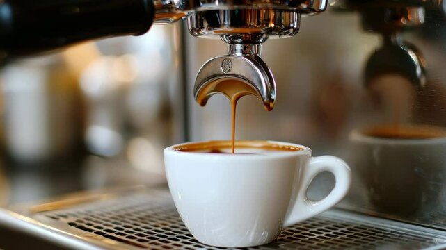Fresh espresso coffee pours smoothly from machine into white ceramic cup, creating rich, aromatic hot beverage brown caffeine drink fills cup as coffee machine delivers perfect espresso experience.