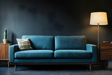 Minimalist interior design of a modern living room with a blue sofa, sideboard, and lamp against a dark gray wall background.