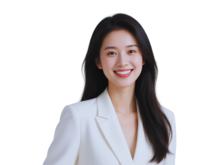 Portrait of a Smiling Young Asian Woman in a White Blazer