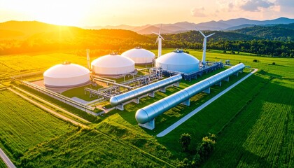Facility amidst green fields under a sunset sky, with tanks, pipelines, and turbines