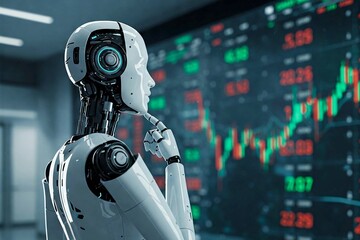 Futuristic robot analyzing stock market data on a digital screen. Concept of artificial intelligence, trading automation, financial forecasting, and AI-driven decision-making.