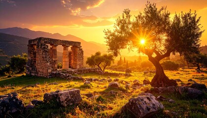 Ancient ruins bask in golden sunset light, set amongst rolling hills and lush greenery