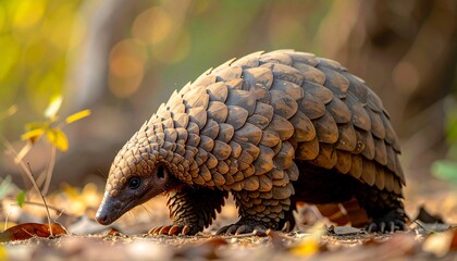 Scaled mammal waddles on forest floor, bathed in golden light