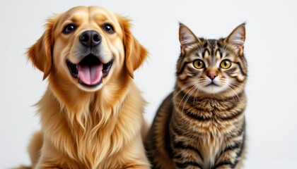 Fototapeta premium Cheerful dog and cat together in studio pets photography bright indoor setting friendship concept