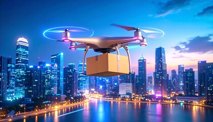 Naklejka premium Aerial drone delivers package through glowing city at night
