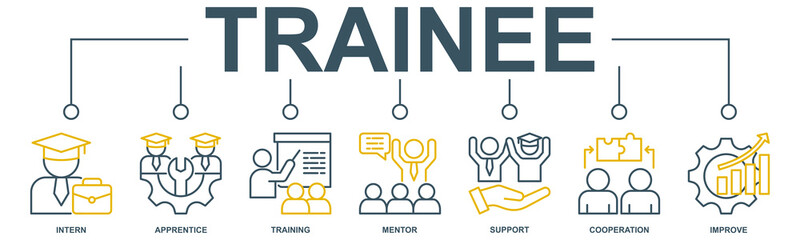 Trainee banner web icon vector illustration concept for internship training and learning program apprenticeship with an icon of intern, apprentice, training, mentor, support, cooperation, and improve