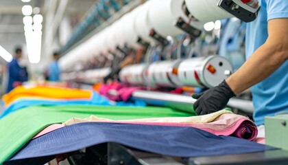Fabric production line with worker inspecting vibrant textiles for flaws and consistency