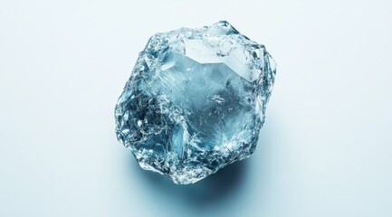 Large,faceted ice chunk on light background.  Its  translucent, textured surface shows  internal structure
