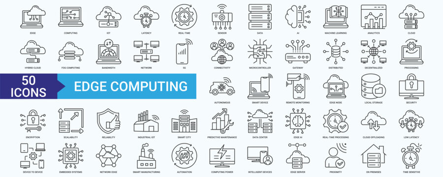 Edge Computing icon set with IOT, Latency, Real-time, Sensor, Data, AI, Machine Learning, Analytics, Cloud and Hybrid Cloud