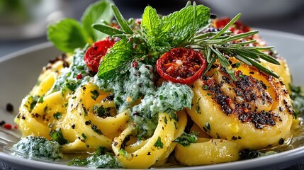 Gourmet pasta dish with fresh herbs italian cuisine plate presentation restaurant close-up culinary art