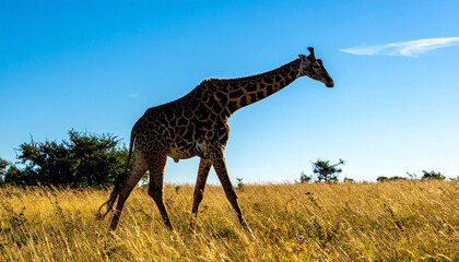 Giraffe walking through the plains, sunny day