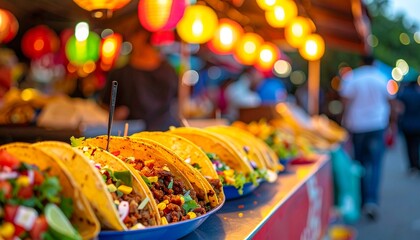 Outdoor food stall with rows of tacos, illuminated by colorful lanterns, and blurred people around