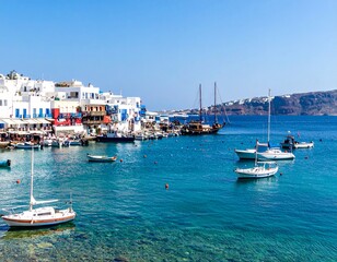 Greek harbor view with docked sailboats and clear turquoise water