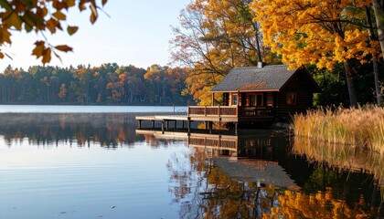 Cabin by lake with autumn foliage; serene, reflective water