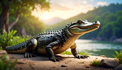 Alligator resting on dirt with a water and forested hill backdrop under warm, sunset light