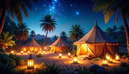 Camp beneath a celestial sky, tents aglow with golden light surrounded by palm trees
