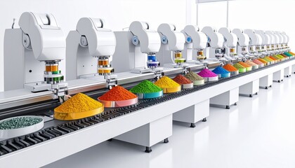 Robotic arms handle vibrant powder pigments on a conveyor belt in a clean, bright industrial setting