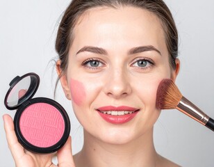 Applying blush; a woman smiles while putting on pink makeup with a brush