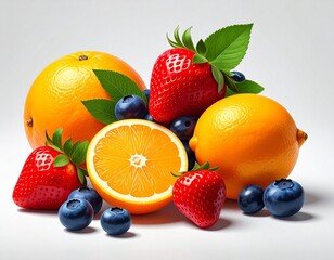 Arrangement of fresh, bright fruits citrus halves, whole berries, and green leaves