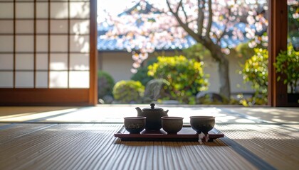 Tea service on tatami mat overlooking a traditional garden with flowering cherry tree in springtime
