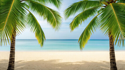 Obraz premium Serene tropical beach with golden sand, calm turquoise sea, and lush green palm trees framing view under clear blue sky