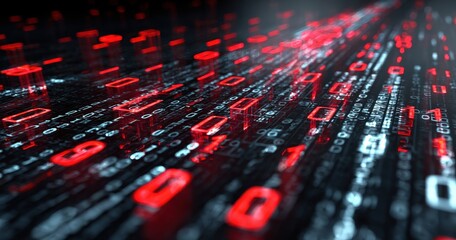Fototapeta premium Glowing red binary code in digital 3D space.