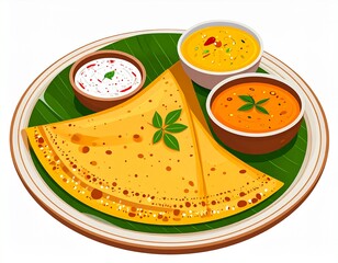 Crisp crepe dish served with flavorful dipping sauces on a banana leaf platter