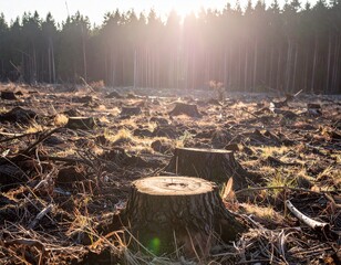 Tree stumps fill a deforested area, back-lit by sunlight, bordering a forest