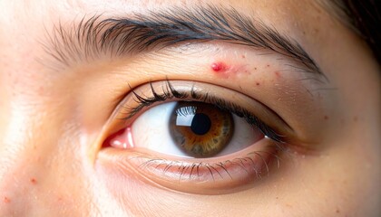 Close-up of an eye with a blemish above eyebrow, showing intricate details of skin and iris