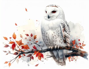 Snowy owl perched on autumn branch, with colorful leaves and a watercolor-style background