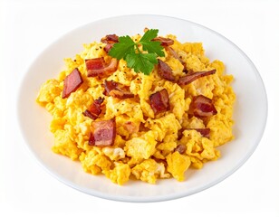 Scrambled eggs and bacon on white plate, garnished with parsley