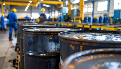 Barrels stacked in a factory, workers and machinery are present in the background