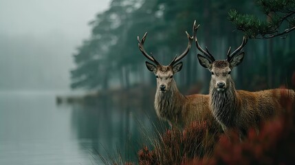 Naklejka premium Misty morning with deer in nature reserve tranquil landscape serene atmosphere wildlife photography