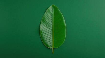 A single green leaf with visible veins is centered on a matching green background.
