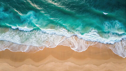 Aerial view of serene beach with turquoise waves crashing onto golden sand, creating peaceful and natural coastal scene