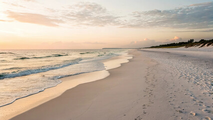 Serene beach at sunset with soft waves gently lapping shore, golden light reflecting on water, and footprints in sand